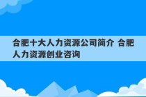 合肥十大人力资源公司简介 合肥人力资源创业咨询