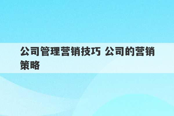 公司管理营销技巧 公司的营销策略