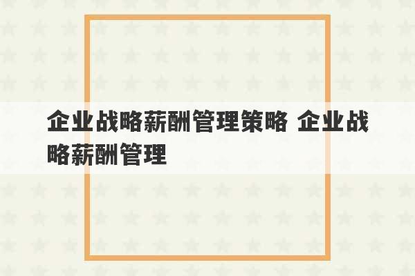 企业战略薪酬管理策略 企业战略薪酬管理