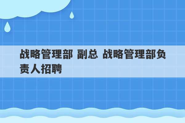 战略管理部 副总 战略管理部负责人招聘