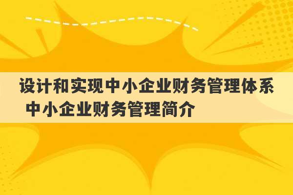 设计和实现中小企业财务管理体系 中小企业财务管理简介