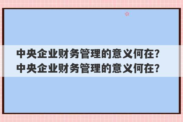 中央企业财务管理的意义何在？ 中央企业财务管理的意义何在？