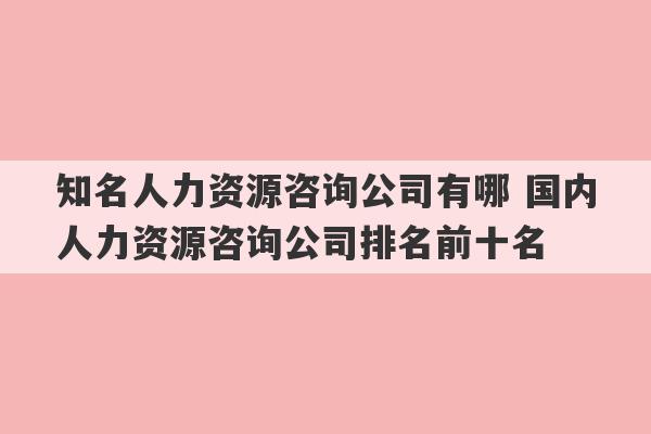 知名人力资源咨询公司有哪 国内人力资源咨询公司排名前十名