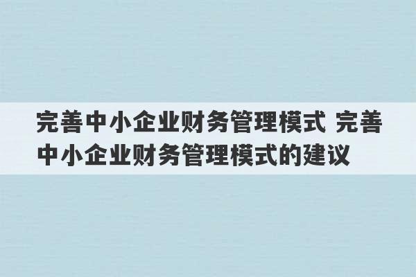 完善中小企业财务管理模式 完善中小企业财务管理模式的建议