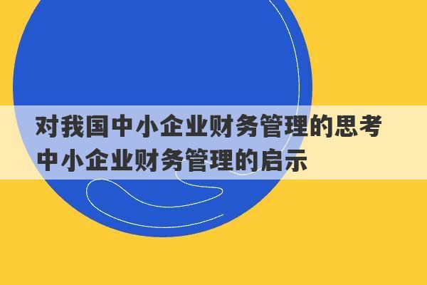 对我国中小企业财务管理的思考 中小企业财务管理的启示