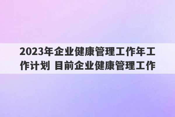 2023年企业健康管理工作年工作计划 目前企业健康管理工作