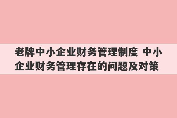 老牌中小企业财务管理制度 中小企业财务管理存在的问题及对策