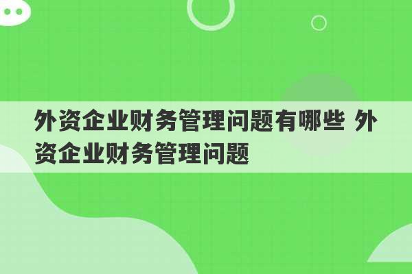 外资企业财务管理问题有哪些 外资企业财务管理问题