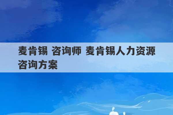 麦肯锡 咨询师 麦肯锡人力资源咨询方案