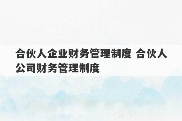 合伙人企业财务管理制度 合伙人公司财务管理制度