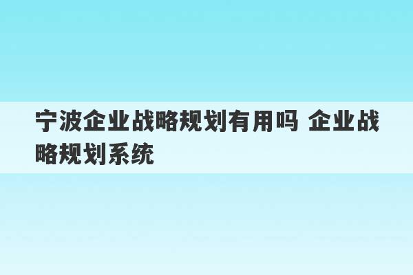 宁波企业战略规划有用吗 企业战略规划系统