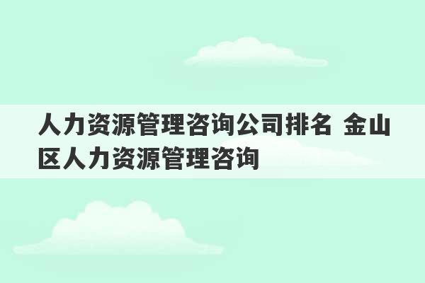 人力资源管理咨询公司排名 金山区人力资源管理咨询