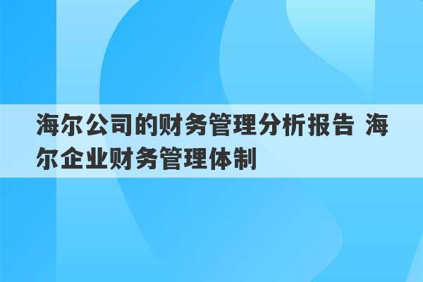 海尔公司的财务管理分析报告 海尔企业财务管理体制