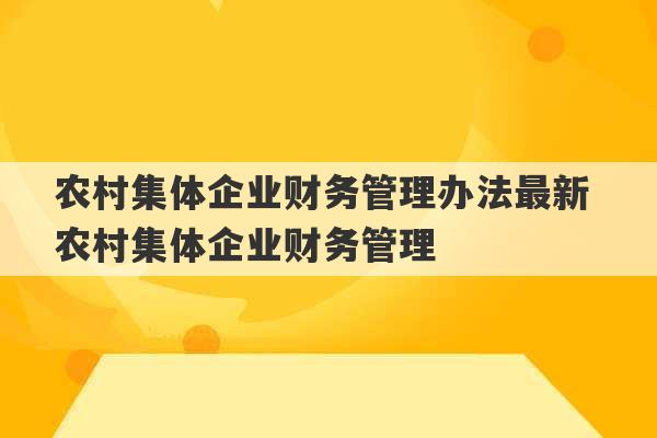 农村集体企业财务管理办法最新 农村集体企业财务管理