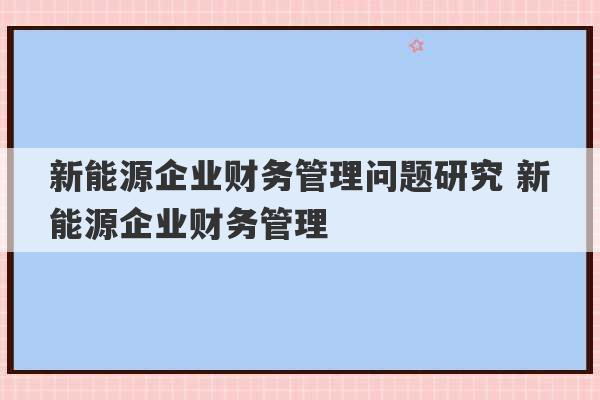 新能源企业财务管理问题研究 新能源企业财务管理