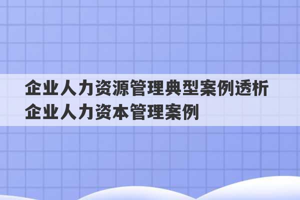 企业人力资源管理典型案例透析 企业人力资本管理案例