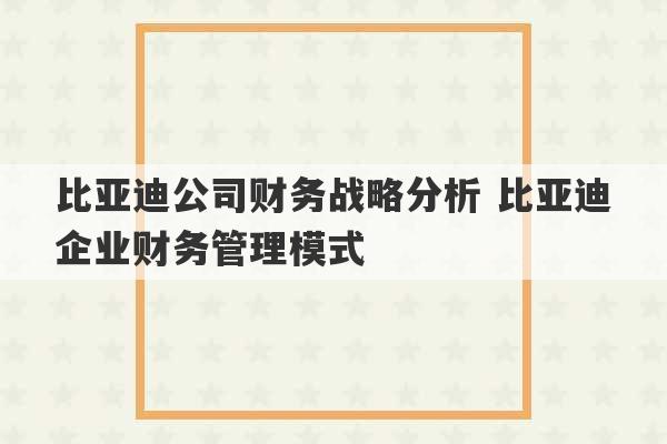 比亚迪公司财务战略分析 比亚迪企业财务管理模式