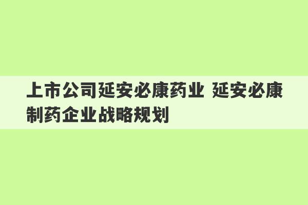 上市公司延安必康药业 延安必康制药企业战略规划