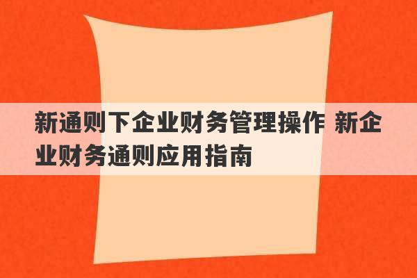 新通则下企业财务管理操作 新企业财务通则应用指南