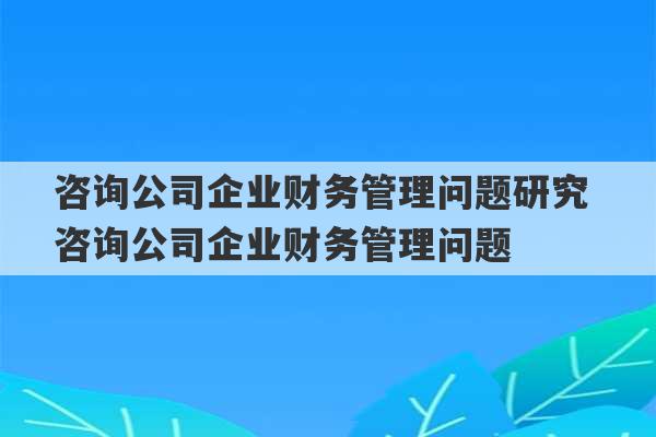 咨询公司企业财务管理问题研究 咨询公司企业财务管理问题