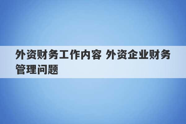 外资财务工作内容 外资企业财务管理问题