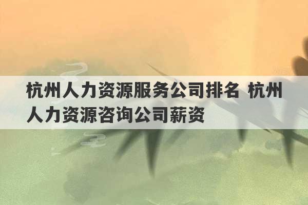 杭州人力资源服务公司排名 杭州人力资源咨询公司薪资