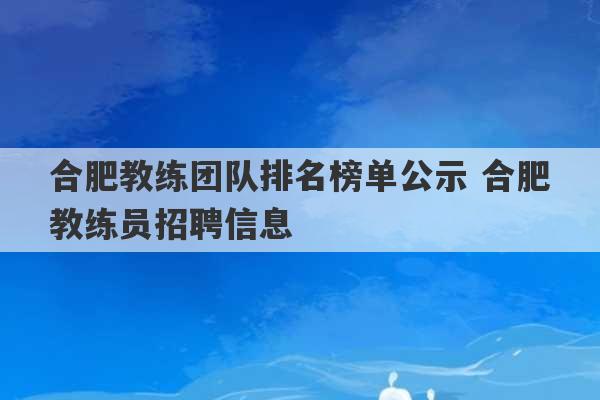 合肥教练团队排名榜单公示 合肥教练员招聘信息