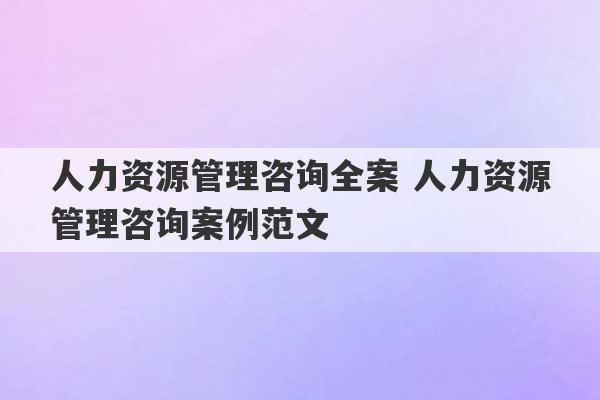 人力资源管理咨询全案 人力资源管理咨询案例范文