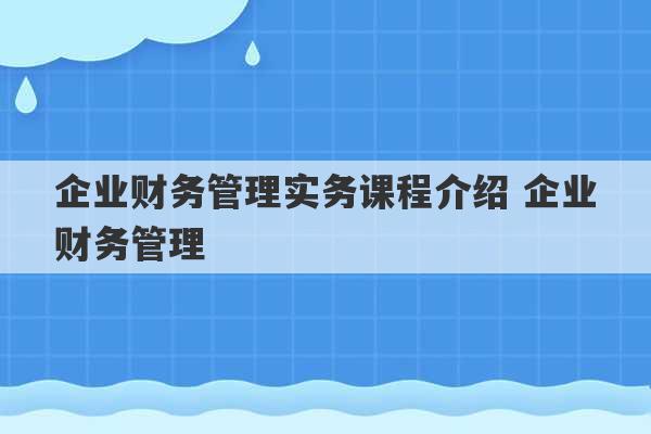 企业财务管理实务课程介绍 企业财务管理