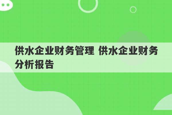 供水企业财务管理 供水企业财务分析报告